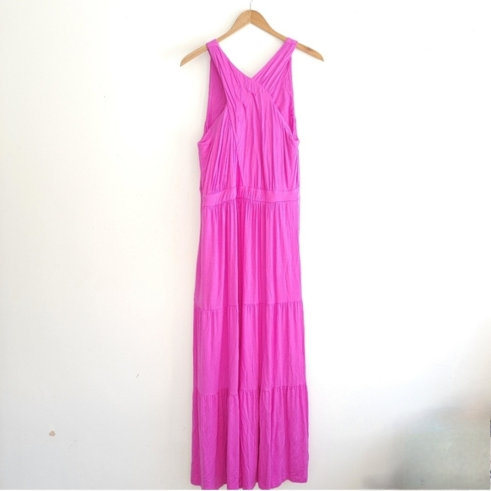 Soma Weekend Crossover Halter Soft Jersey Pink Maxi Dress Tiered Ruffle Large - Picture 4 of 11
